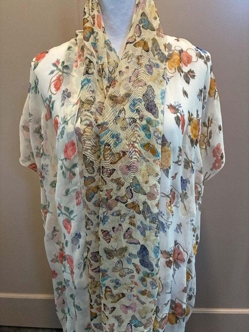 Trio of floral and butterfly pattern scarves. NWT